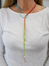 Colorful and versatile lariat style necklace with lightweight seed beads and beautiful moon pearls that can be styled in many different ways.