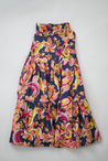 Navy with pink, orange, and yellow floral pattern.