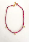Handmade beaded necklace with Pink Agate semi-precious stone beads and small gold bead grape cluster rhombus charms