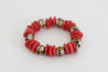 Handmade beaded chunky stretch bracelet with red Ashanti recycled glass saucer beads and multi-colored recycled glass krobo beads