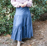 Lightweight chambray fabric wrap skirt with silver metallic thread
