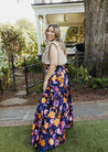 100% cotton vibrant navy, orange, and purple impressionist floral wrap skirt made in the USA