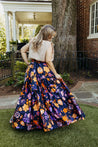 100% cotton vibrant navy, orange, and purple impressionist floral wrap skirt made in the USA