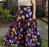 100% cotton vibrant navy, orange, and purple impressionist floral wrap skirt made in the USA