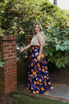100% cotton vibrant navy, orange, and purple impressionist floral wrap skirt made in the USA