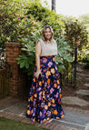 100% cotton vibrant navy, orange, and purple impressionist floral wrap skirt made in the USA