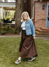 100% cotton wrap brown skirt with subtly brown floral pattern sewn in the USA