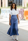 Lightweight chambray fabric wrap skirt with silver metallic thread