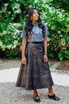 Black with metallic snakeskin print straight wrap skirt