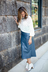 vegan leather wrap skirt in blue