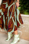 blue and brown leaf wrap skirt
