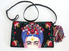 Colorful with black background tapestry clutch/crossbody with floral, Frida design