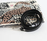 Gray, tan, black, and white tapestry clutch/crossbody with leopard design