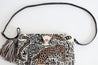 Gray, tan, black, and white tapestry clutch/crossbody with leopard design