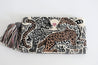 Gray, tan, black, and white tapestry clutch/crossbody with leopard design