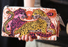 Pink, orange, yellow, and tan tapestry clutch/crossbody with leopard design