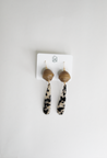 Large brown paper bead and black and cream resin teardrop dangle earrings