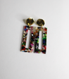 Acrylic, lightweight, and multicolor rectangle earrings with a gold topper handmade by artisans in Charlotte, NC, USA.