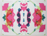 Hot pink, red, lime green, blue, and navy pattern with white background. 