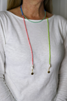 Colorful and versatile lariat style necklace with lightweight seed beads and beautiful moon pearls that can be styled in many different ways.