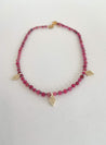 Handmade beaded necklace with Pink Agate semi-precious stone beads and small gold bead grape cluster rhombus charms