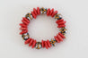 Handmade beaded chunky stretch bracelet with red Ashanti recycled glass saucer beads and multi-colored recycled glass krobo beads