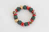 Handmade beaded stretch bracelet with red Ashanti recycled glass disc beads, multi-colored krobo beads, and olive green and gold wood beads