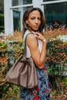 100% genuine pebbled leather and suede tie cinch top tote/handbag handmade by artisans overcoming poverty in Ethiopia