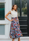 Navy Stripe with Brown, Red, and Navy Floral Classic Tiered Wrap Skirt