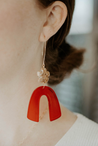 Red resin "U" and flower-shaped Jasper bead dangle statement earrings