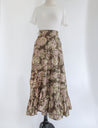 floral print wrap skirt in pink, yellow and brown colors