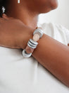 chunky wood and glass bracelet in silver and purple