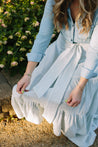 close up of light blue stripe skirt