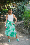 midi wrap skirt in green with bubbles patterns