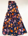 100% cotton vibrant navy, orange, and purple impressionist floral wrap skirt made in the USA
