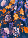 100% cotton vibrant navy, orange, and purple impressionist floral wrap skirt made in the USA