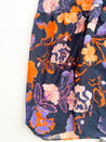 100% cotton vibrant navy, orange, and purple impressionist floral wrap skirt made in the USA