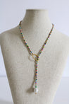 colorful beads necklace with gold hoop and pearl pendant