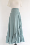 muted blue wrap skirt with ruffles