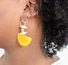 boho handmade geometric statement earrings with yellow half-moon charm and gold accents