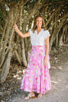 long wrap skirt in floral pink with ruffles