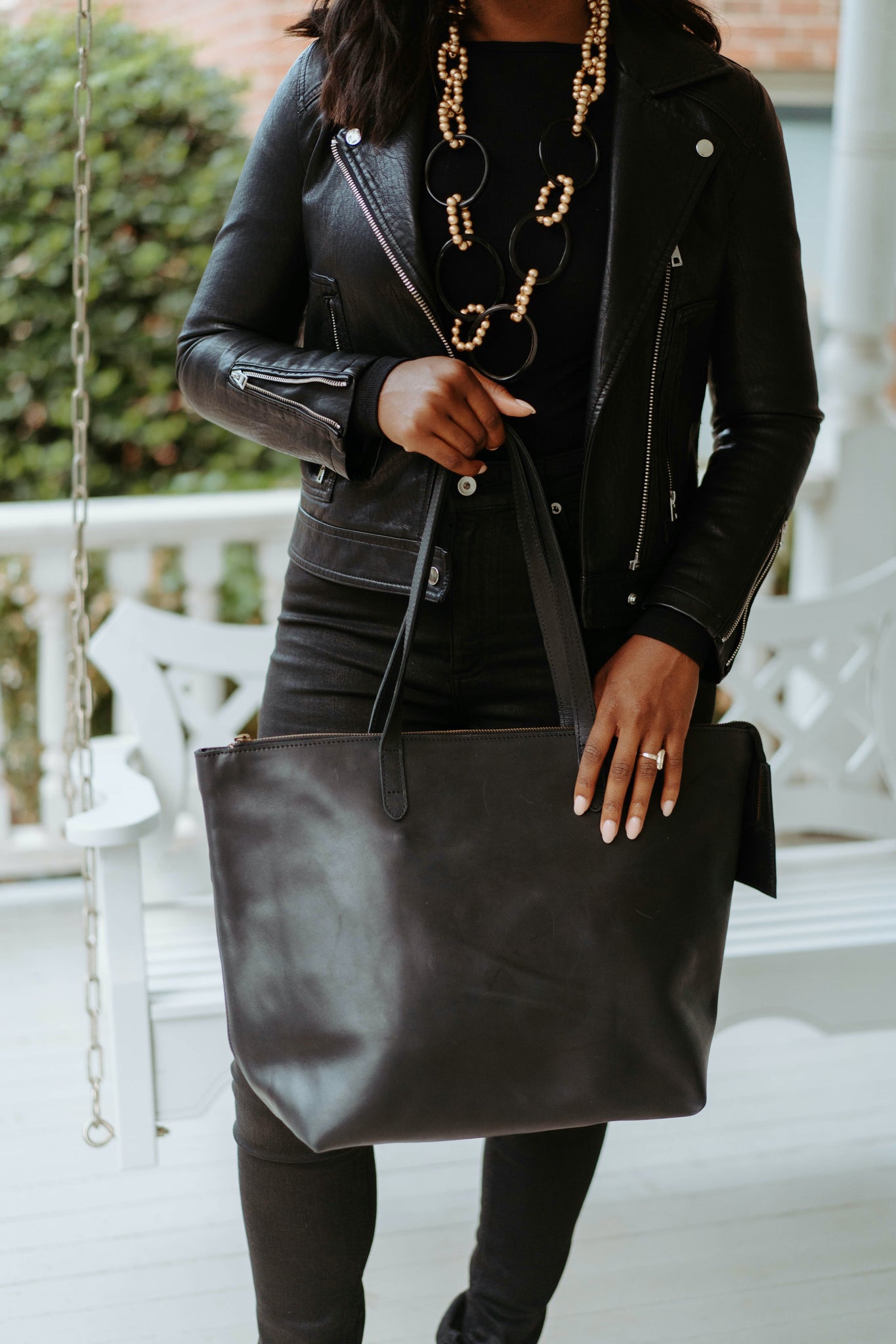 Black leather travel best sale tote
